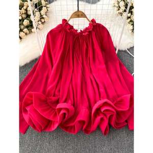 Camicette Primavera Autunno 2026 Stile Coreano da Socialite, con Maniche a Lanterna Lunghe, <span class=keywords><strong>Collo</strong></span> Tondo, Balze Morbide, in Chiffon, Top Casual da Donna - Product Image 2