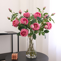 Roses artificielles roses à toucher réel de 70 cm, 3 têtes, fausses roses Austin pour la décoration de mariage, de la maison ou de centre de table