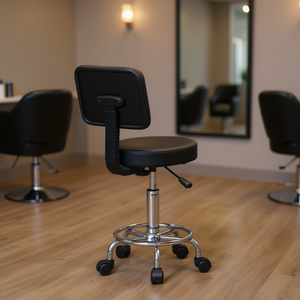 Silla de Estilismo Redonda Moderna Ajustable, Taburete de Salón de Cuero PU con Respaldo y Base de Aluminio para Salones de Belleza, Silla de Barbería - Product Image 2