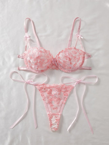 Pink Lace Embroidery Women's Lingerie <b>Set</b> Push Up Bra and Thong <b>Set</b> Womens Intimates <b>Sexy</b> Underwear With Bow Detail - Product Image 3