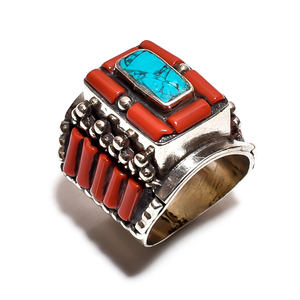 Turquoise naturelle corail Lapis pierre précieuse classique bague de mariage tibétain argent bijoux faits à la main pour femmes et filles - Product Image 3