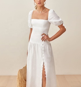 High Quality <strong>Wedding</strong> Party <strong>Dress</strong> Smocked Bodice Formal Elegant White <strong>Linen</strong> Bridesmaid <strong>Dresses</strong> - Product Image 3