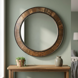 Handcrafted Mid Century Modern Eco-friendly Wood <b>Framed</b> Round Mirror | Wall-Mounted Home Decor OEM Custom Wholesale MOQ 50 Pcs - Product Image 2