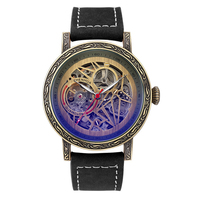 Montre mécanique automatique squelette gravée vintage pour homme, boîtier rétro antique bronze et argent, bracelet en cuir, montre-bracelet décontractée