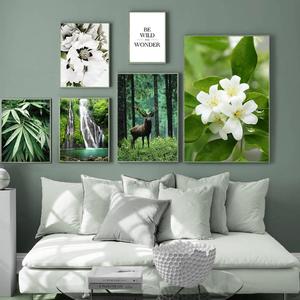 Green Forest Canvas Poster Wild Deer Waterfall Stream Flower Leaf Spring Bedroom Nature Landscape Picture Print Art Painting - Product Image 3