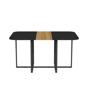 Ensemble de table de cuisine moderne 7 pièces noir et imitation bois avec 6 chaises en similicuir blanc, ensemble de salle à manger compact pour petits espaces - Product Image 2
