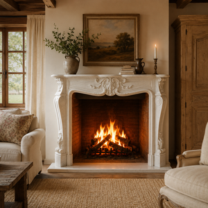Chimenea tradicional de mármol con tallado ornamentado, de mármol blanco, para interiores, con estufa de leña para comedor. - Product Image 6