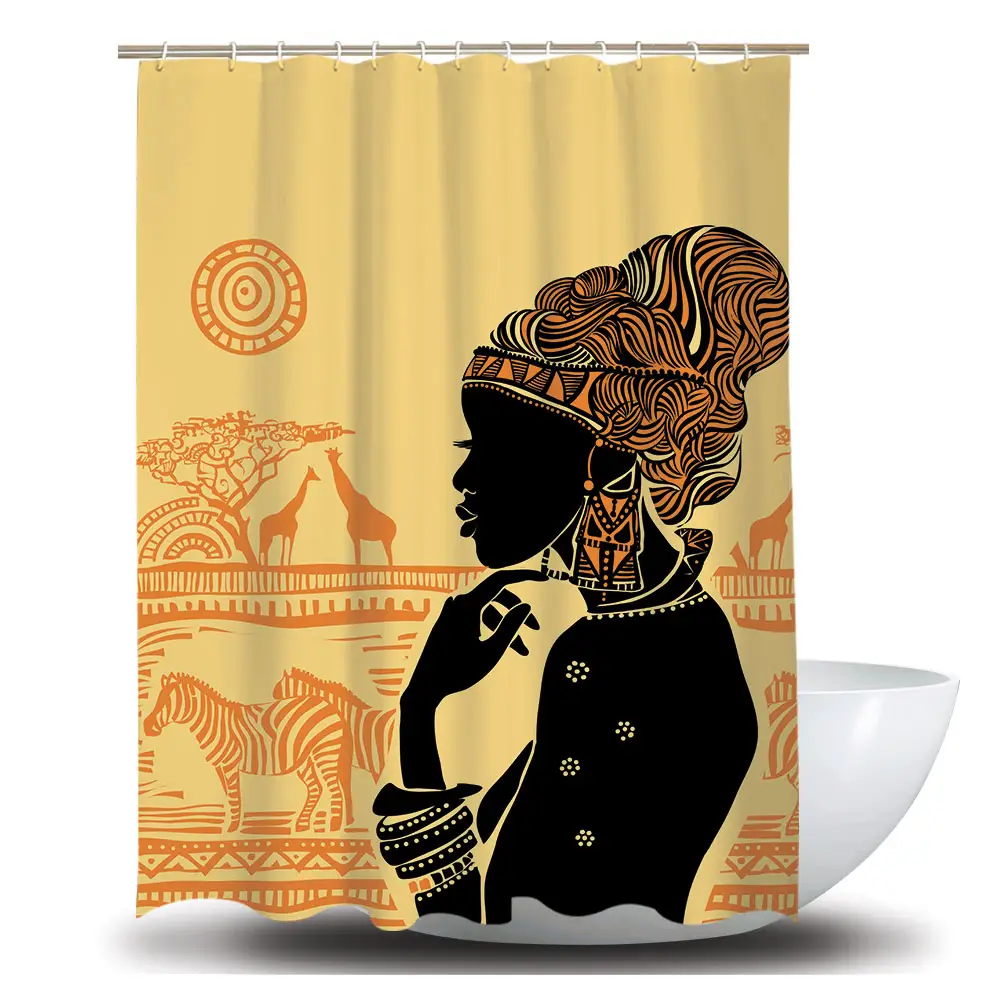 yellow ground black woman bathroom curtain waterproof 100% polyester fabric digital printing africa girl shower curtain