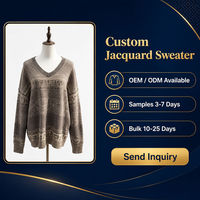 Pull en tricot jacquard à col en V pour femme, motif géométrique coréen, ample, respirant, 400g, manches longues, hiver
