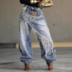 Nouveau Jean Baggy en Denim de Coton Désstructuré à Franges de Strass 2026 pour Femme, Pantalon Jogger <span class=keywords><strong>Asymétrique</strong></span> Taille Haute - Product Image 1