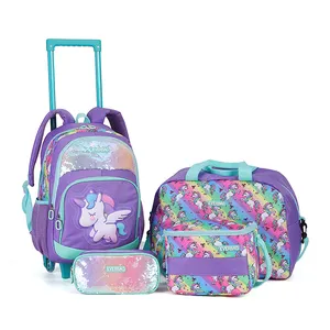 4 In 1 Children custom sequin unicorn detachable student backpack set wheel trolley school bag with lunch bag
