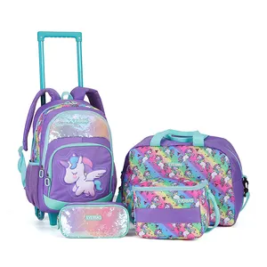 4 In 1 Kinderen Custom Lovertjes Eenhoorn Afneembare Student Rugzak Set Wiel Trolley Schooltas Met Lunch Tas