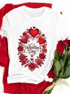 T-shirt da donna con stampa di fiori a cuore per San Valentino, manica corta, girocollo, top casual, 100% cotone jersey, primavera estate - Product Image 1