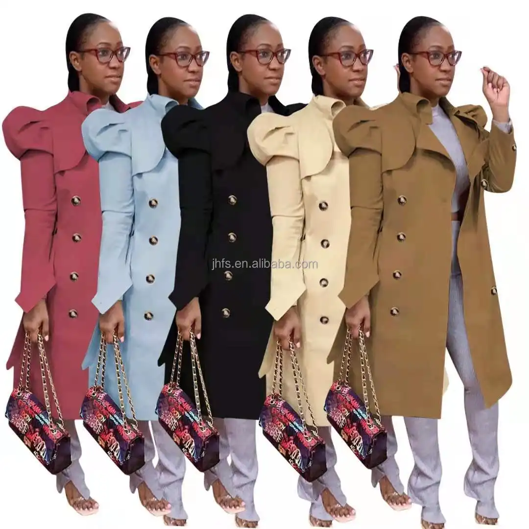 J & H Thời Trang 2022 Puff Shoulder Trench Coat Thanh Lịch Phụ Nữ Nút Xuống Kaki Áo Khoác Phong Cách Giản Dị Mùa Thu Áo Khoác