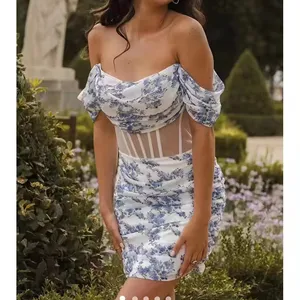 Vestido de baile de Páscoa mini slim fit hip estampado plissado azul bandeau novo de 2024