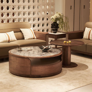 Mesa de Café Redonda Moderna Minimalista Durável em Madeira de Noz Preto Sólido para Sala de Estar Direto da Fábrica - Product Image 5