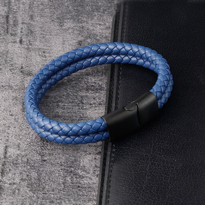 Vòng tay và lắc tay da thật đen hai lớp dành cho nam, khóa từ tính bằng thép không gỉ, trang sức vòng tay da - Product Image 2