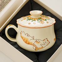 Kreative Niedliche Katzen-Keramik-Tasse mit Deckel & Geschenkbox Handbemaltes Cartoon-Kawaii-Blumenmuster Spülmaschinen- & Mikrowellenfest