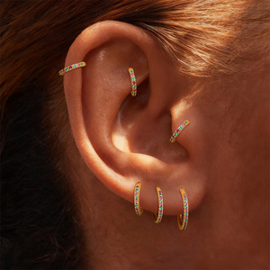 Pendientes de Aro Individuales de Plata de Ley 925 con Fila de Circonitas Rosas y Verdes, 6mm 8mm 10mm 12mm, Joyería Fina para Oreja - Product Image 3