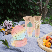 Ensemble de vaisselle jetable en papier dégradé arc-en-ciel, fournitures de fête pastel, assiettes, gobelets, serviettes, couverts en bois, nappe
