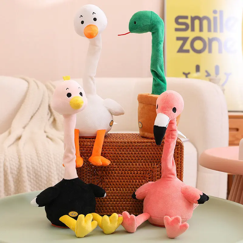 Bebé de dibujos animados aprende a hablar juguete de peluche bebé comodidad muñeca avestruz canta y baila y coaxes bebé serpiente felpa eléctrica