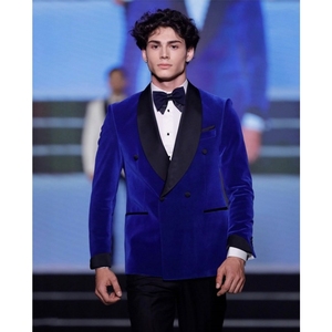 Vente chaude bleu velours hommes costumes noir châle revers deux pièces mariage Banquet mariés costume Double boutonnage fermeture hommes costume - Product Image 2