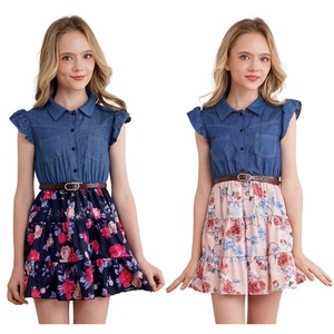 IEFiEL Kids Girls Summer A-line Dress Denim Bodice Floral Print Dress Pink 14