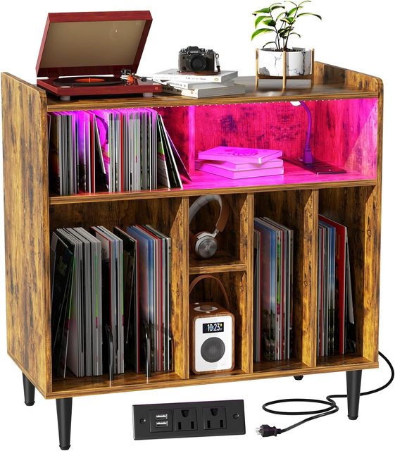 3 Tier Bamboo Wooden Record Player Stand Vinyl Record Storage Table with Power Outlets and LED Lights