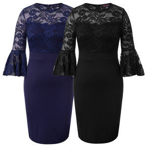 HNS02030 OEM Femmes Patchwork 3/4 Cloche Manches Col rond Hanches Gainé Noir Grande Taille Dentelle <span class=keywords><strong>Robes</strong></span> Grande Taille - Product Image 6