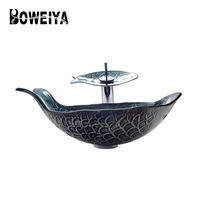 Lavabo de salle de bain en verre pour balcon, design personnalisé, forme de poisson bleu, prix des articles sanitaires, lavabos