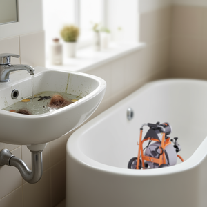 Macchina per la pulizia degli scarichi con alimentazione automatica, 75 piedi x 3/8 pollici, con 8 lame e ruote per la pulizia degli scarichi - Product Image 2