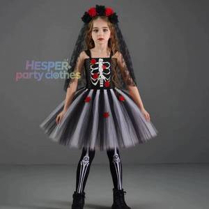 Disfraz de Novia Fantasma Esqueleto de Terror para Niñas HP, Vestido de Carnaval Negro y Rojo con Velo y Calcetines - Product Image 1