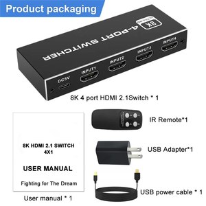 อะแดปเตอร์ตัวแยกสัญญาณ4พอร์ต,ตัวสลับสัญญาณ8K @ 60Hz รองรับ <span class=keywords><strong>HDMI</strong></span> 2.1 <span class=keywords><strong>Switch</strong></span> <span class=keywords><strong>4K</strong></span> <span class=keywords><strong>120HZ</strong></span> 4 In 1 Out HD <span class=keywords><strong>HDR</strong></span> - Product Image 4