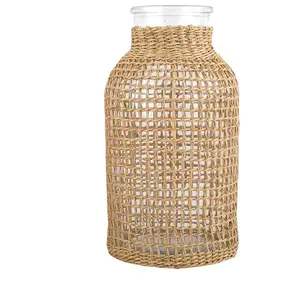 Factory Sale Various Widely Used straw woven glass dry vase Japanese creative vase can water plants home decoration