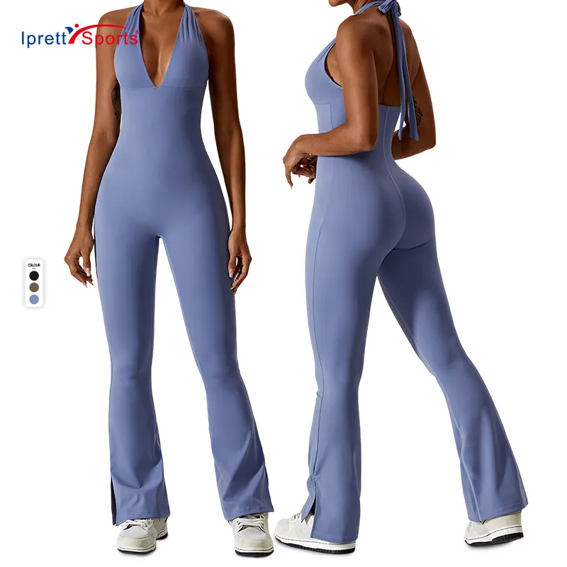 Hot Deep V Halter Padded Yoga Sports Flared Jumpsuits Women Sexy Nylon Soft Top Quality Tie Up Open Back Pilates Gym Rompers