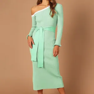Designer One-shoulder Off Dress Elegant Ladies Striped Ruched Sleeve Waist Belt Ribbed Knitted Pencil Tight Dress