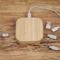 Kit de Cargador Inalámbrico Cuadrado 7 en 1 de 15W y Cable, Adaptador Multi USB, Cable de Carga Rápida, Caja de Almacenamiento de Bambú con Transferencia de Datos