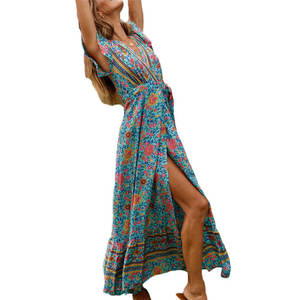 Abito Lungo Estivo di Tendenza di Alta Qualità, Sexy con Scollo a V Profondo, Stampa Floreale, Casual, Manica Corta, Stile Boho per Vacanze - Product Image 6