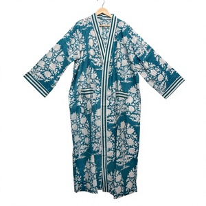 Hermoso Kimono Largo de Algodón Estampado a Mano con Cierre de Cinturón para Dormir por la Noche, Bata para Mujer con Estampado Floral - Product Image 3