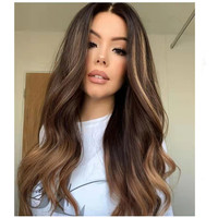 Wig Eropa Gaya Tanpa Lem Ombre Warna Coklat Gelombang Besar Penuh Virgin Rambut Manusia Transparan Renda Wig Depan