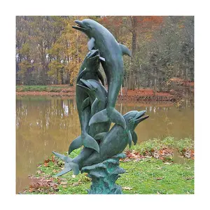 高品质大水池金属青铜海豚水上花园喷泉雕塑出售