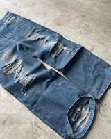 Streetwear Jeans en Denim Lavé Vintage de Haute Qualité, Logo Personnalisé, Ample, Bleu, Fortement Détruit, Jambes Larges pour Hommes