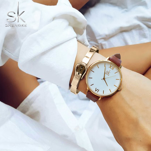 SK K0056 orologi al quarzo con cinturino in pelle grigia da donna dal Design semplice orologio da polso con quadrante blu cielo - Product Image 5
