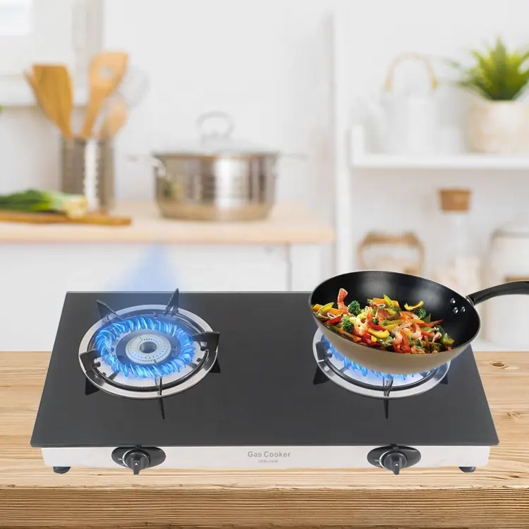 चीन निर्माता वाणिज्यिक रसोई टेम्पर्ड ग्लास पैनल तालिका cooktop 2 बर्नर सस्ते गैस स्टोव