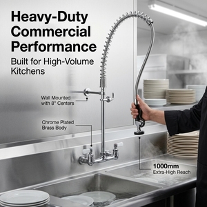 Commercial Kitchen Sink Faucet Pre Rinse Sprayer Pull Out <b>Spray</b> Brass Deck <b>Mounted</b> 2 Handle Industrial Farmhouse - Product Image 4