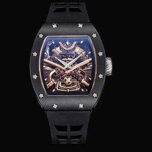 Montre mécanique automatique pour homme, classique, de forme tonneau, ajourée, personnalisée, décontractée, avec éclairage nocturne, en fibre de carbone noire, style Jedi - Product Image 1