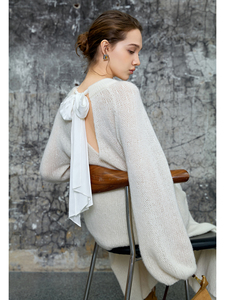 <span class=keywords><strong>Pull</strong></span> en cachemire pur à 100 % pour femme, dos découpé, col rond oversize, nœud papillon, manches classiques, anti-plis, respirant, doux et moelleux - Product Image 1