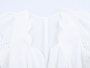 Weiße V-Ausschnitt Bluse mit Lochstickerei und Laternenärmeln, Lässige Modische Crop-Top für Damen - Product Image 3
