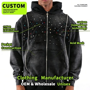 Échantillon gratuit de vêtements, fabricants de vêtements streetwear, broderie lourde personnalisée, vintage, lavage à l'acide, strass, veste à capuche zippée - Product Image 3