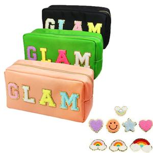 Custom Waterproof Large Nylon Pouch with Glitter Patch Toiletry Make up Travel Luxury Makeup Bag Cosmetic with Letter Patches - Product Image 4